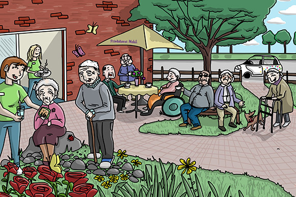 Comic-Zeichnung von Menschen mit und ohne Rollstuhl im Garten