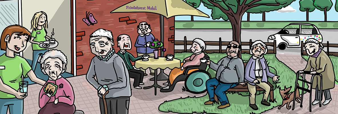 Zeichnung von Menschen mit und ohne Rollstuhl im Garten